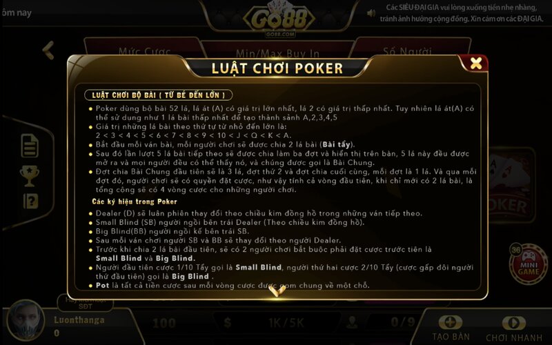 Poker go88 là trò chơi mà anh em hoàn toàn có thể bet với mọi mức tiền